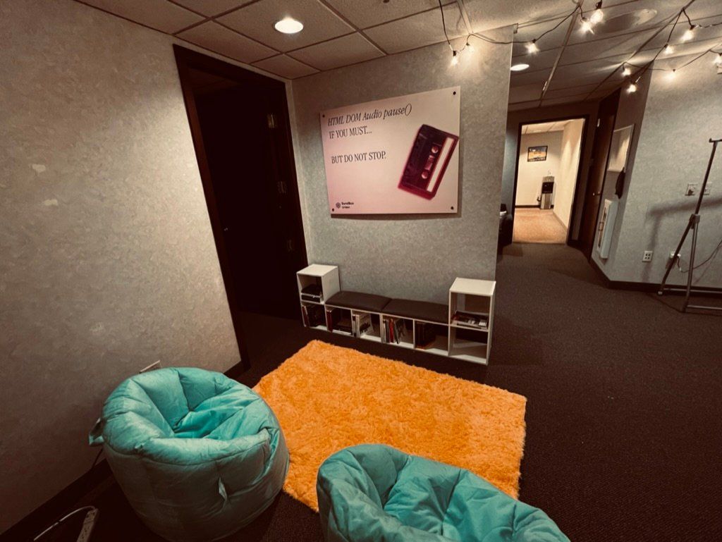 SandBox Union creative lounge area with bean bags - innovative software company culture Rochester NY